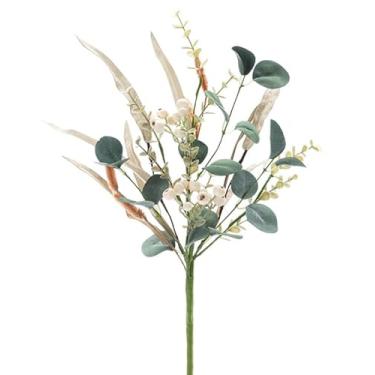 Imagem de Napco Imports Planta de flores artificiais decorativas para arranjo de buquês, 43 cm de plástico branco e spray de eucalipto