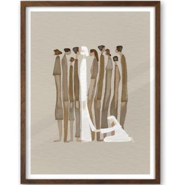 Imagem de iHery Arte de parede emoldurada de madeira de carvalho natural, grande 40,6 x 50,8 cm mulher toca Jesus Deus cura arte em tela bíblica cristã, desenho bíblico moderno, decoração de quarto, cor