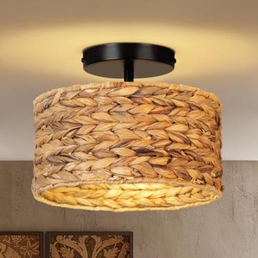 Imagem de JIWUZHI Luminárias Boho, Luminárias De Teto Semi Embutidas De Rattan De 12,6'', Luminária De Teto Em Formato De Tambor Para Corredor, Quarto, Cozinha, Berçário E Entrada