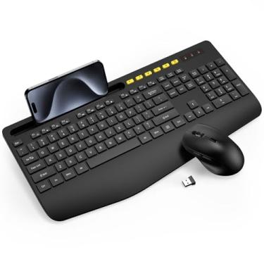 Imagem de Teclado e mouse sem fio, combo de teclado ergonômico de tamanho completo (preto e amarelo)