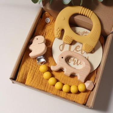 Imagem de Kit Presente Bebê Recém-Nascido, 5 Peças, Mordedor Silicone Elefante, Mordedor Madeira, Corrente Chupeta, Toalha, Plaquinha Decorativa