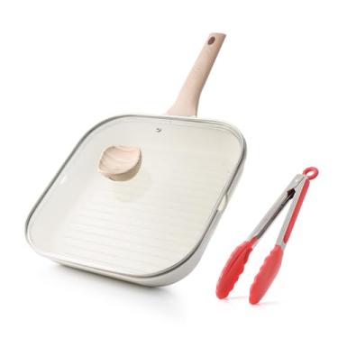 Imagem de Kordisen Frigideira antiaderente com tampa para fogão, grelha quadrada de 28 cm para cozinhar em ambientes internos, frigideira com revestimento de granito com bicos de despejo, grelha versátil