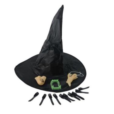 Imagem de Kit Bruxa Fantasia Chapéu Nariz Unha Queixo Dentadura Halloween Carnav
