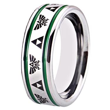 Imagem de CLOUD DANCER Cachimbo prateado de 8 mm de largura com duas linhas finas azul/vermelho/verde com tema de jogo com crista e anel triforce anel de tungstênio anel masculino alianças de casamento sem anel