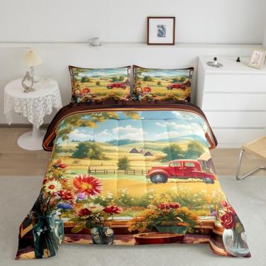 Imagem de Jogo de cama com estampa de celeiro de caminhão vermelho, rústico, estilo casa de fazenda, margaridas desabrochando, decoração de casa, laranja, verde, tamanho Queen, 3 peças, conjunto de edredom