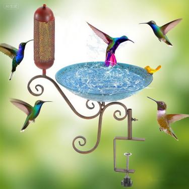 Imagem de Alimentadores de pássaros de metal para ambientes externos, tigela montada no deck com alimentador, grade de varanda de 30,5 cm removível para uso ao ar livre, jardim, pátio, azul antigo verde