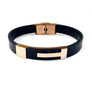 Imagem de Bracelete Rosso Placa Formato T Vazado Couro Pretofecho Rose