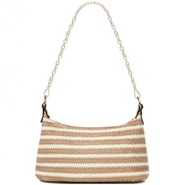 Imagem de CROJUYI Bolsa de ombro de palha feminina macia pequena bolsa de ombro de tecido, bolsa de praia de palha para o verão, Y cáqui/branco, Small