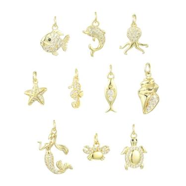 Imagem de UR URLIFEHALL 10 peças, 10 estilos, tema oceano, animais marinhos, zircônia cúbica, pingentes, golfinho, peixe, caranguejo dourado, pingentes para fazer joias, colar, artesanato