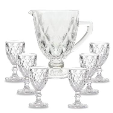 Imagem de Conjunto de Jarra de Vidro Diamante 1L com 6 Taças de 340ml, Transparente, Vidro Resistente Chique Elegante Mesa Posta Servir Bebidas Mesa Posta