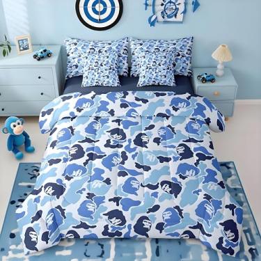 Imagem de Jogo de cama queen com edredom camuflado, 7 peças, para crianças, meninos, meninas, macaco, com edredom, lençóis, fronhas, capas de almofada, decoração de quarto de caça, azul e preto