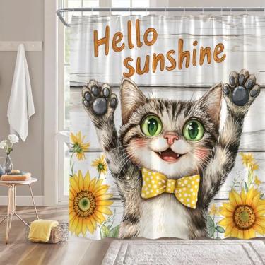 Imagem de JIRGIXA Cortina de chuveiro de gato fofo adorável animal gatinho girassol vintage porta de celeiro citações engraçadas Olá luz do sol tecido rústico decoração de banheiro cortina com ganchos, 180x170A