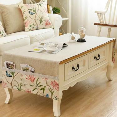 Imagem de Toalhas de mesa de centro retangulares para sala de estar, bordadas, floral, toalha de mesa de café com bolsos, tecido lavável para sala de estar, cozinha, inauguração de casa, decoração de casa, bege