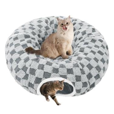 Imagem de Homimp Cama de túnel para gatos com tapete central, playground de tubo grande com brinquedo de bola de pelúcia, caverna de gato Peekaboo com almofada circular lavável para gatos internos, esconderijo