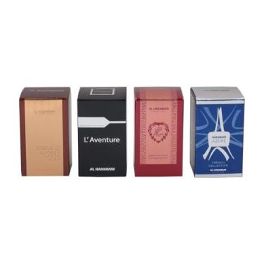 Imagem de Al Haramain Conjunto de perfume para homens e mulheres – Conjunto de presente de perfume 4 × 10 ml (Amber Oud Gold Edition, L'Aventure, Azlan Oud Saffron, Azure)