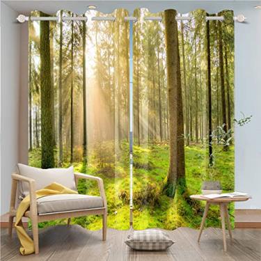 Imagem de Laeacco Sunshine Forest Cortinas blackout com árvores de cedro verde e musgos cortinas de janela com paisagem natural da floresta do nascer do sol para casa, escritório, quarto, sala de jantar, 132 x