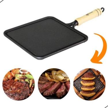 Imagem de Chapa Bifeteira Lisa Quadrada Ferro Fogão Cabo De Madeira Preto - Noss