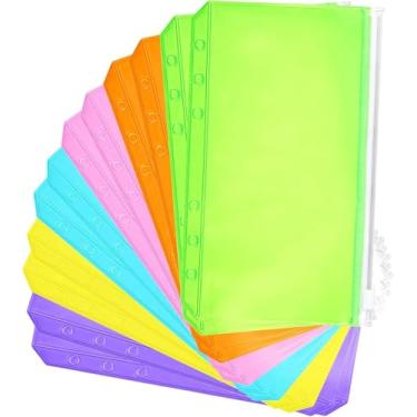 Imagem de 12 peças de fichário de bolso para caderno, folhas soltas, coloridas, 6 buracos, pastas com zíper, bolsa impermeável de PVC para documentos