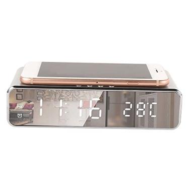 Imagem de Tcwhniev Despertador LED com carregamento sem fio, despertador 2 em 1, carregador sem fio com visor de temperatura, relógio digital moderno para quarto, cabeceira e escritório (prata)