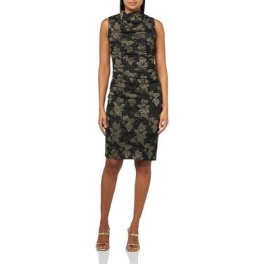Imagem de Vince Camuto Vestido feminino colado ao corpo com cintura franzida e gola drapeada metálica, Preto, dourado, 40