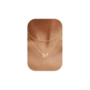 Imagem de MEVECCO Colar de borboleta em camadas, empilhável, banhado a ouro 18 k, gargantilha delicada, pingente em camadas, empilhável, conjunto de joias modernas, presente, Sem Pedra Preciosa
