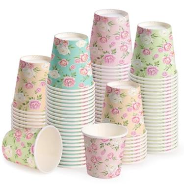 Imagem de WRAPAHOLIC Copos de papel de 85 g – Pacote com 100 copos de banheiro descartáveis com design floral rosa colorido, copo pequeno para enxaguante bucal para enxágue de escova de dentes, banheiro