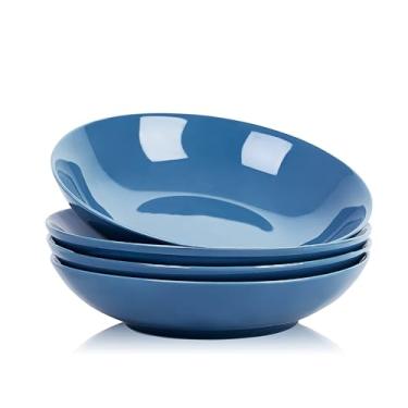 Imagem de Swuut Conjunto de tigelas de massa de cerâmica de 1,134 g de 12,4 cm azul e branco grande, pratos de jantar seguros para micro-ondas e forno (azul pavão)