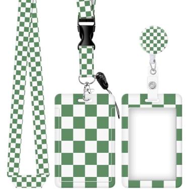 Imagem de Porta-crachá de identificação com cordão retrátil e destacável, cordão com mosquetão para professores, enfermeiros, trabalho perfeito e escritório (xadrez verde)