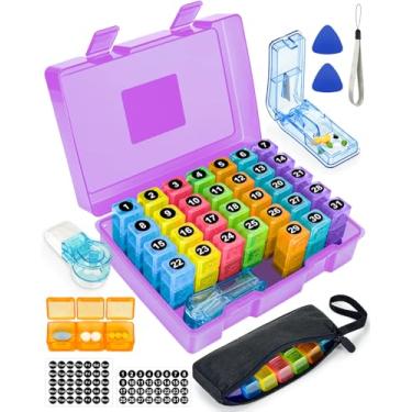 Imagem de Organizador mensal de comprimidos 3 vezes por dia, caixa de medicamentos FRIWOLE com bolsa de comprimidos semanal portátil, porta-chaves, cortador de comprimidos e 2 adesivos (roxo, 3 vezes ao dia)