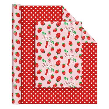 Imagem de WERNNSAI Papel de embrulho de primeiro aniversário Berry - 1 rolo de 43 cm x 10 metros de papel de embrulho de morango rosa doce para embalagem de aniversário, lembrancinhas de festa de chá de bebê