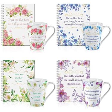 Imagem de Conjunto de 4 canecas de cerâmica para café/chá para mulheres, presente cristão, conjunto de 4 canecas, versículo bíblico floral inspirador, caderno de escrita religiosa com escrituras espirais para o Natal