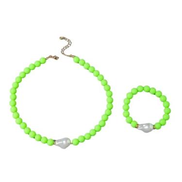 Imagem de HWJQ Colar de contas redondas coloridas conjunto de joias irregulares barrocas colar de pérolas gargantilha contas de acrílico pulseira elástica para mulheres, Middle, Acrílico, Sem Pedra Preciosa