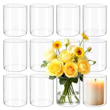 Imagem de Pacote com 12 vasos cilíndricos de vidro para centros de mesa – Vaso de flores pequeno de 10 cm para decorações de casamento, castiçal flutuante a granel, castiçais de vidro para prateleira de mesa