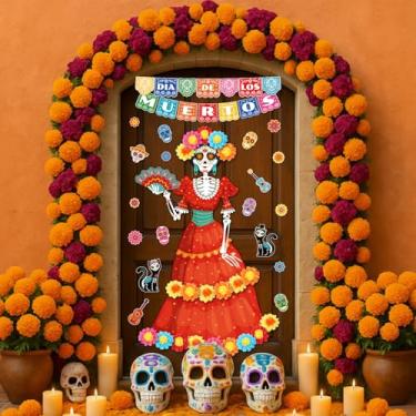 Imagem de Pasimy Conjunto de quadro de avisos Dia dos Mortos Colorido Caveira de Açúcar Decorações de Sala de Aula Recortes Mexicanos Dia De Los Muertos com Flores de Papel 3D para Decoração de Parede de Porta