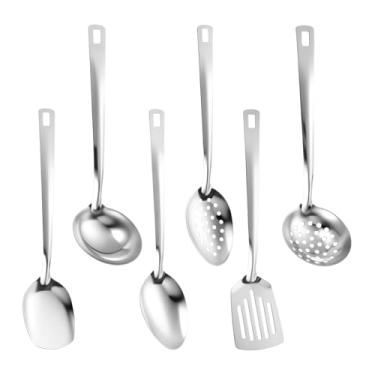 Imagem de Conjunto de 6 peças de utensílios de cozinha de aço inoxidável, conjunto de utensílios de cozinha, conjunto de espátulas de utensílios de cozinha, conjunto de utensílios wok inclui colher com fenda