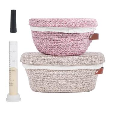 Imagem de Conjunto de cesta de algodão empilhável à prova de banneton, com pote de alíquota profissional para rastreamento de elevação – pacote com 2 cestas de pão (redondas + oval), kit de cozimento de