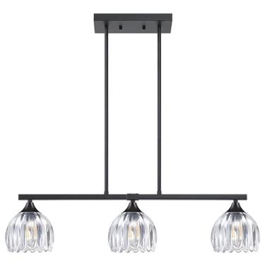 Imagem de 3 luzes 66.3 cm cozinha ilha lustre moderno pingente luminária de teto, metal preto tulipa vidro transparente sala de jantar bar café sala de estar