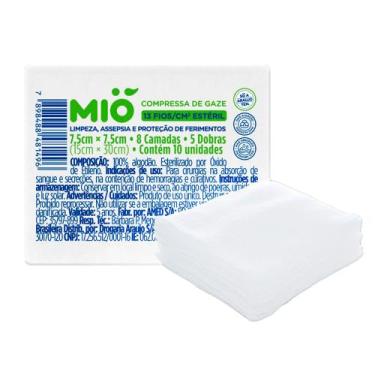 Imagem de Compressa de Gaze Mió 13 Fios Estéril 7,5cm x 7,5cm com 10 Unidades