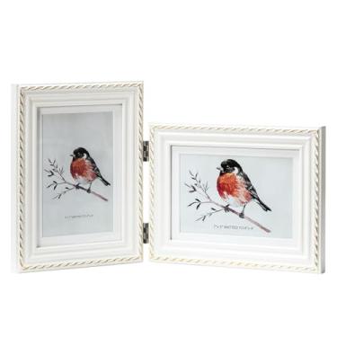 Imagem de ibalux Moldura dupla com dobradiça vertical e horizontal 12 x 17 cm em bege com acabamento em corda dourada, madeira maciça com vidro verdadeiro, fosco para 10 x 15 cm, moldura para mesa de mesa