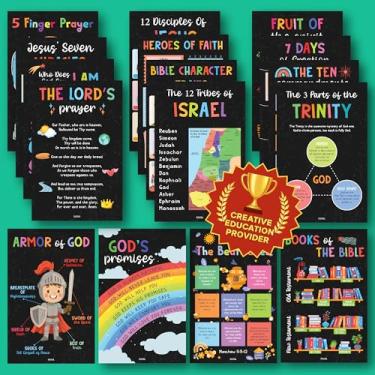Imagem de Excool Club Decorações de escola dominical para sala de aula - 16 pôsteres do livro da Bíblia para crianças, arte de parede de fruto do espírito, materiais de estudo da Bíblia para decoração de sala