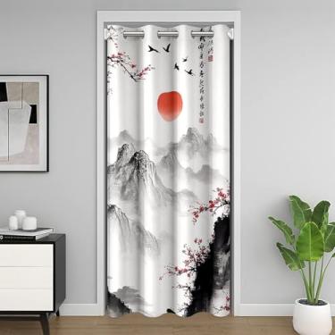 Imagem de meiyoeat Cortina de porta de montanha chinesa para privacidade de porta 106 x 203 cm 1 painel infantil pintura de paisagem ameixa vermelha capa de porta de armário menino menina cultura tradicional