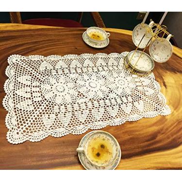 Imagem de Cachecóis Janef bege branco feito à mão de crochê de algodão para mesa de corredor, renda, doilies, retangular, 40,64 x 60,96 cm, Branco, 16 by 24 Inch, 1