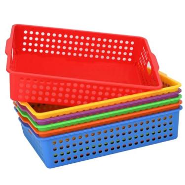 Imagem de Pacote com 6 bandejas de papel empilháveis com alças, organizador de mesa moderno para documentos A4, caixas de lição de casa para uso em sala de aula e escritório (arco-íris)