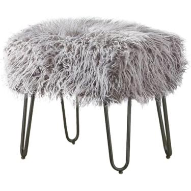 Imagem de Banqueta de pele sintética, cadeira de maquiagem para quarto de entrada, para sentar, assento acolchoado macio e peludo com pernas douradas-cinza 48 x 33 x 43 cm (19 x 13 x 17 polegadas)