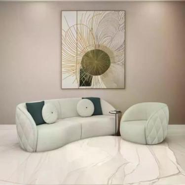 Imagem de Conjunto Sofá E Poltrona Estilo Curvo Orgânico em Linho Bege Com Almofadas Euphoria Larbelle