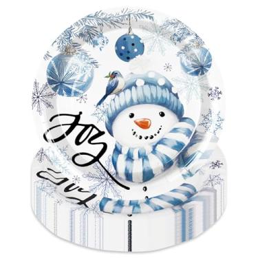 Imagem de JarThenaAMCS 50 peças, prato de papel de Natal, boneco de neve, bola de Natal, descartáveis, pratos redondos de 23 cm, pratos de sobremesa para jantar de inverno para festa de inverno, suprimentos de