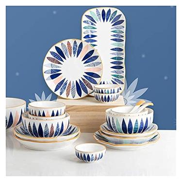 Imagem de Conjunto de louça de porcelana, conjunto de pratos e tigelas, 18 peças, conjunto de louças de porcelana com padrão de folha pintada à mão com pratos e tigelas, conjunto de jantar de cerâmica para
