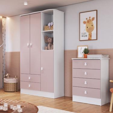Imagem de Quarto de Bebê Cômoda 4 Gavetas e Guarda Roupa 3 Portas Tedy - Rosa