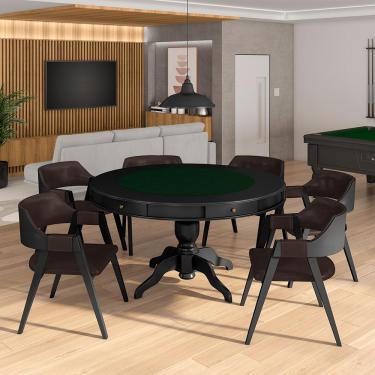 Imagem de Conjunto Mesa de Jogos Carteado Bellagio Tampo Reversível e 6 Cadeiras Madeira Poker Base Estrela PU Marrom/Preto G42 - Gran Belo