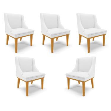 Imagem de Kit 5 Cadeiras Decorativas Sala de Jantar Base Fixa de Madeira Firenze PU Branco Fosco/Castanho G19 - Gran Belo